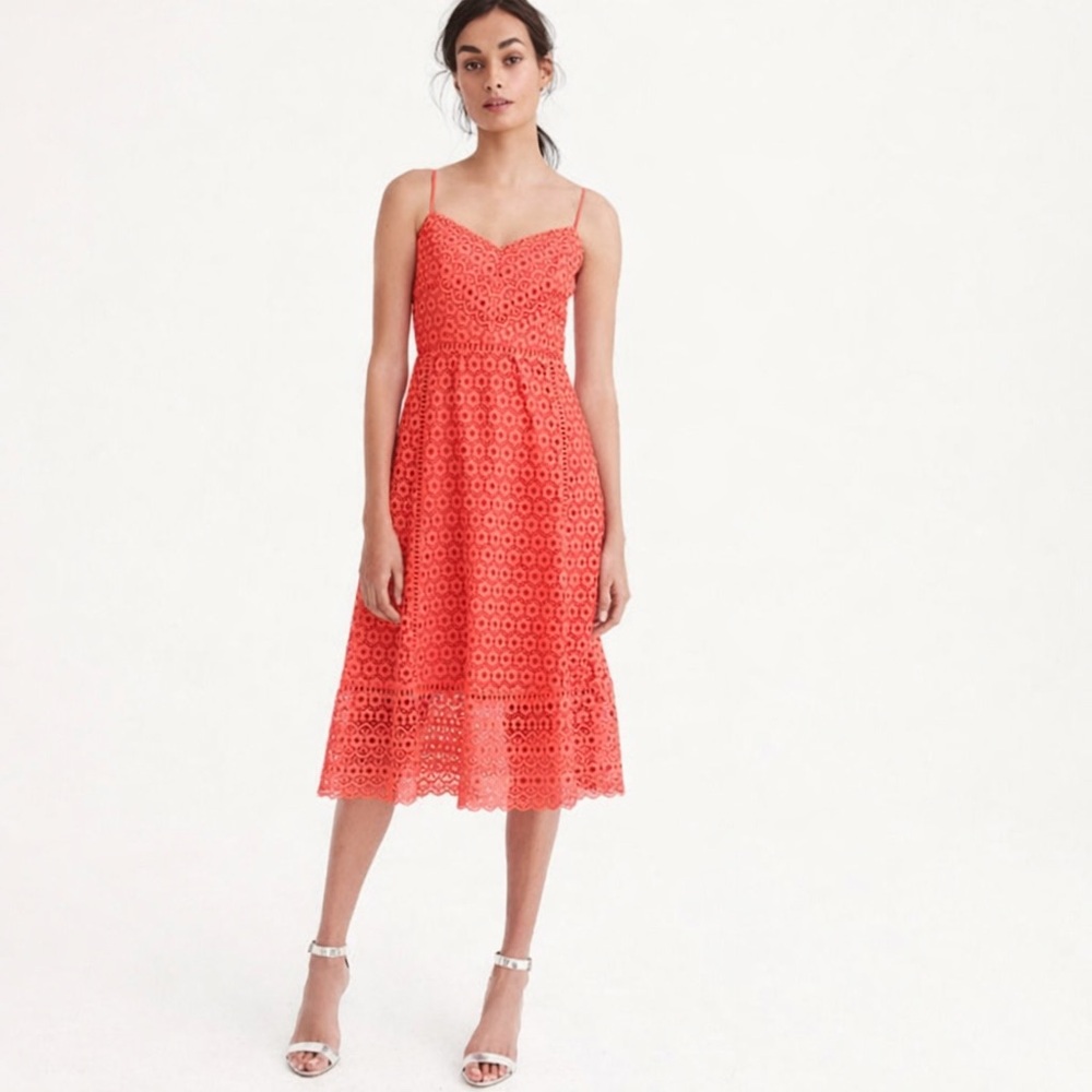 J Crew Daisy Lace Dress XS 00 Orange Coral Midi Fit Flare Sleeveless wedding - Picture 4 of 16
